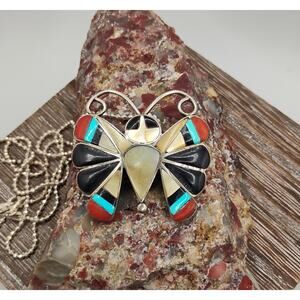 NA Handmade Sara Edaakie Inlay Butterfly Pendant Brooch on 20-inch Beaded Chain